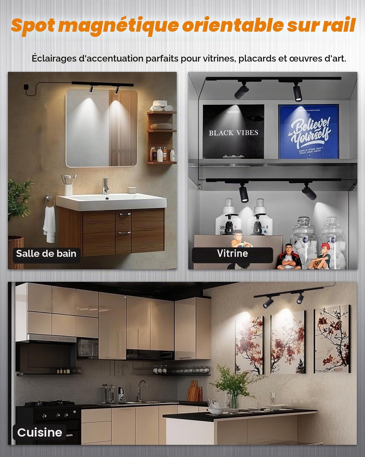 Cefrank LED Projecteurs d'accentuation Magnétiques Rotatifs, 400 lumens, Lumière Blanche 6000K - 30 cm de Voie Noire & Set de 2 Base Magnétique Lampes, Finitions Noir