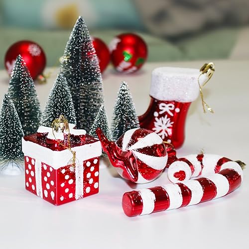 Miniatura 5 de Jesiramoo Decoraciones de árbol de Navidad en interior 4 juegos de adornos colgantes rojos y blancos para árboles, caja de regalo de bastón de
