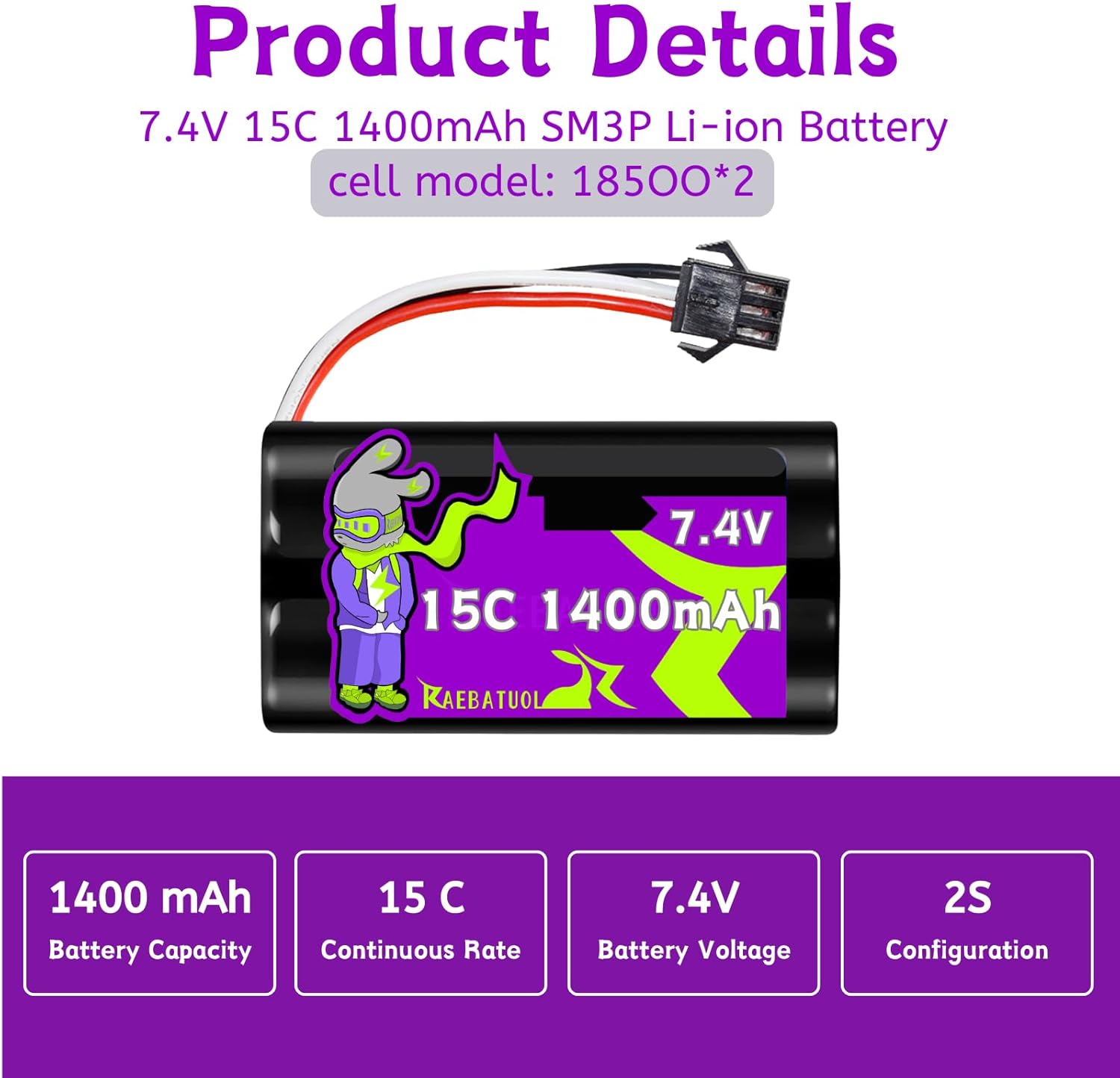 7.4V 1400mAh 15C Rechargeable Li-ion Battery SM-3P Plug,High Capacity Fit for Some Remote Control Car Toys,RC Trucks Boat Plane with Charger(Cell*2)