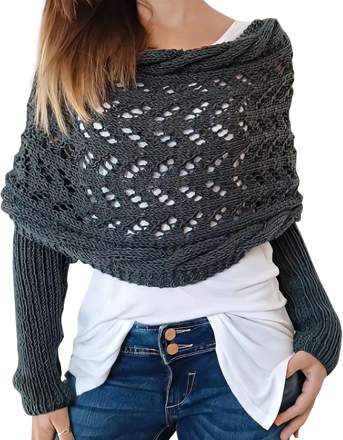 Scarf with Sleeves for Women, Knitted Cable Wrap, Multifunctional Knitted Crochet Shrugs, Double Sleeve Scarf Wrap