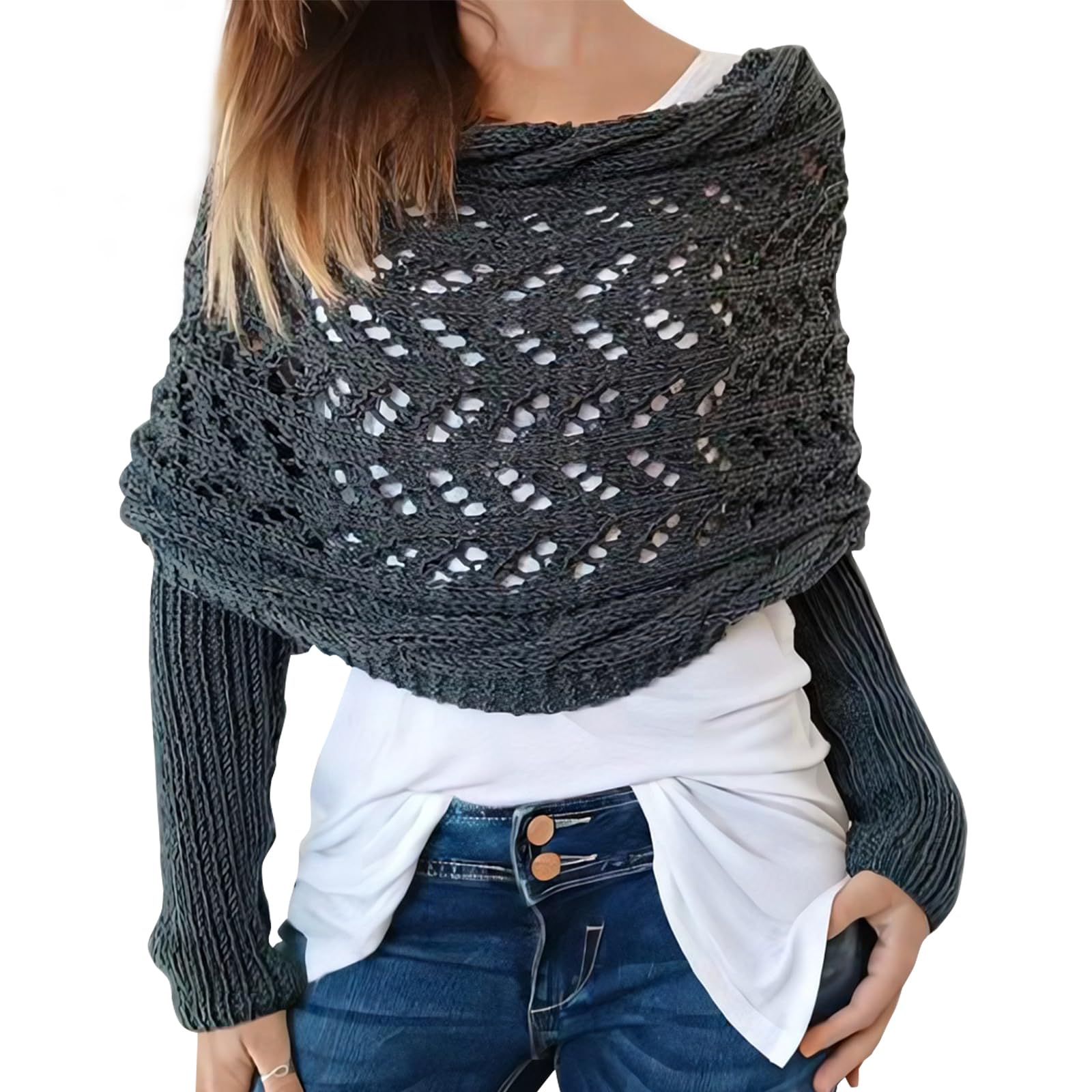 Scarf with Sleeves for Women, Knitted Cable Wrap, Multifunctional Knitted Crochet Shrugs, Double Sleeve Scarf Wrap