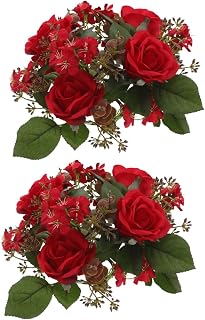 Zerodeko Artificial Flowers Candle Rings 2pcs Red Rose Ring Decor | Plastic Silk Realistic Rose Design, Lightweight Easy Setup, Birthday Parties Dollhouse Garlands