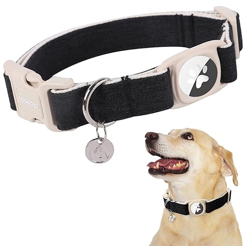 DOGWONG Airtag Cotton Hemp Dog Collar, Heavy-Duty Dog Collar with Airtag Holder Black Natural Fabric Pet Cute Puppy Necklace for Small Medium Large Dogs
