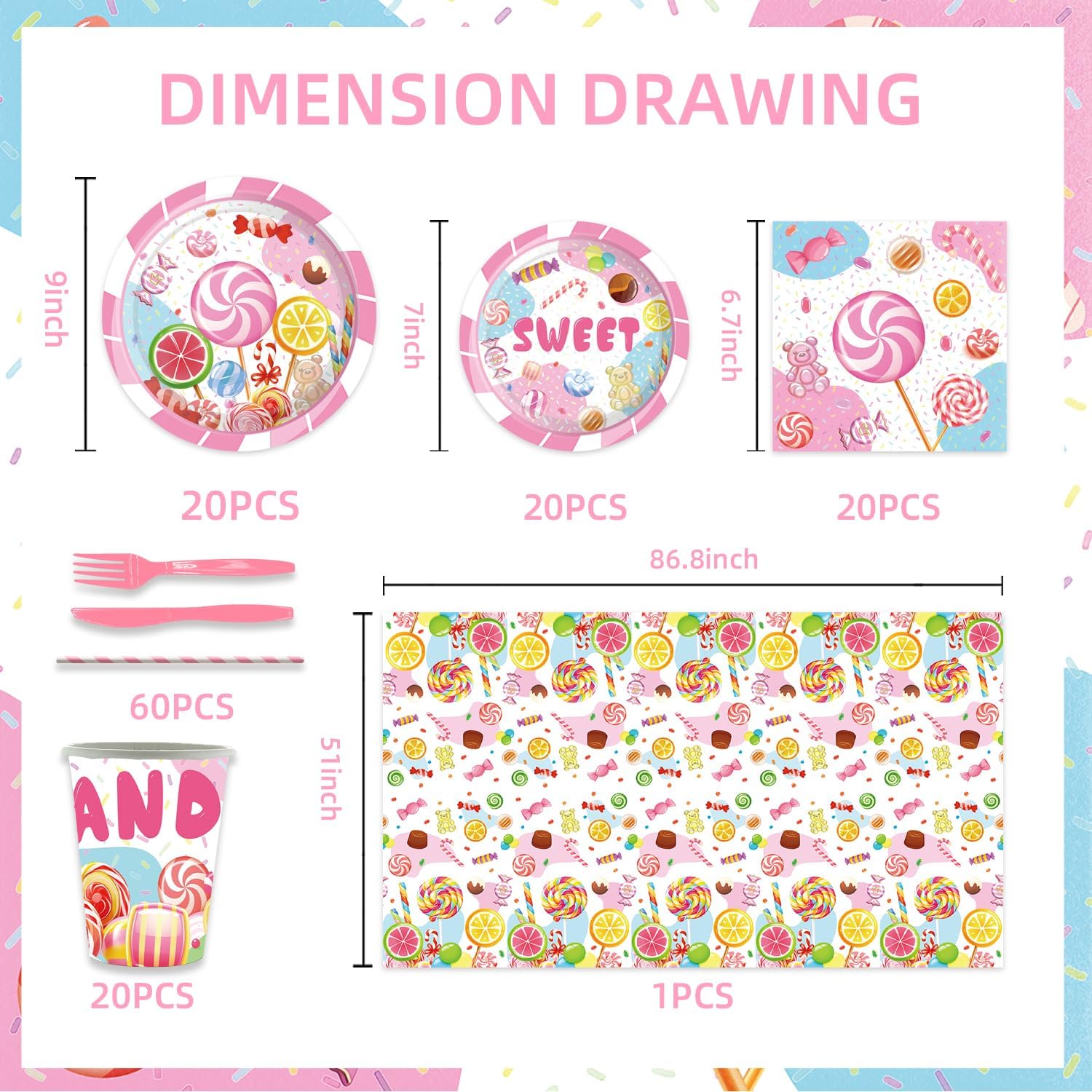 141Pcs Candyland Birthday Party Decorations Sweet Candy Themed or Baby Shower Party Supplies with Plates Napkins Cups Knives Forks Straw Tablecloth Set for 20 Guests