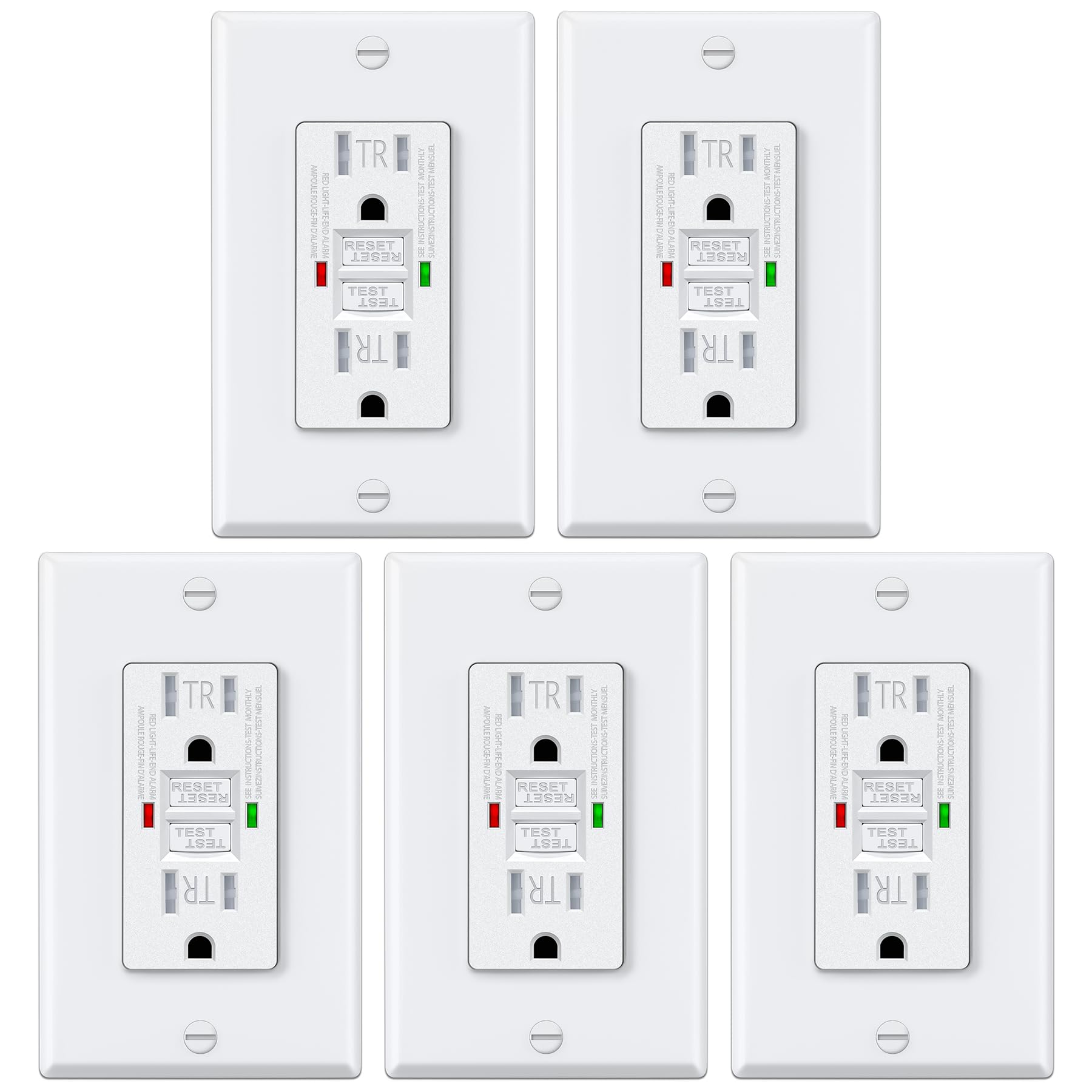 5 Pack â€“ ELECTECK 15 Amp GFCI Outlets, TR, Self-Test GFI Receptacles with LED Indicator, Ground Fault Circuit Interrupter, Decor Wallplate Included, UL Listed, White