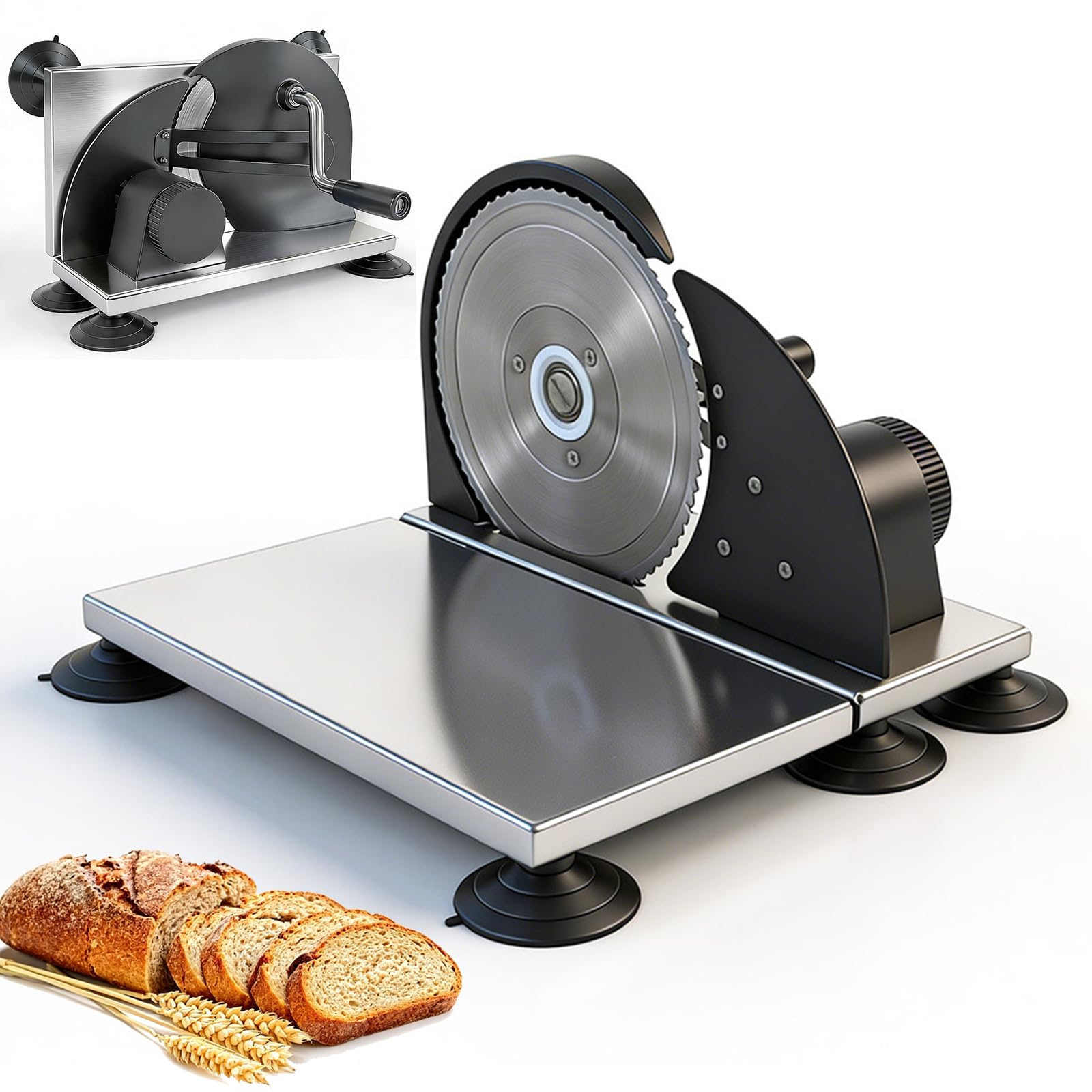 Cortador de pan manual, cortador de pan de manivela de acero inoxidable, grosor ajustable de 1 a 15 mm, base plegable, deflector de metal, cortador de pan para masa madre casera y tostadas