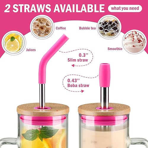 Miniatura 2 de Kodrine Vaso de vidrio de 24 onzas con asa, taza de café helado, taza de batido Boba, tapa de bambú, vaso para oficina en casa, color rojo rosa
