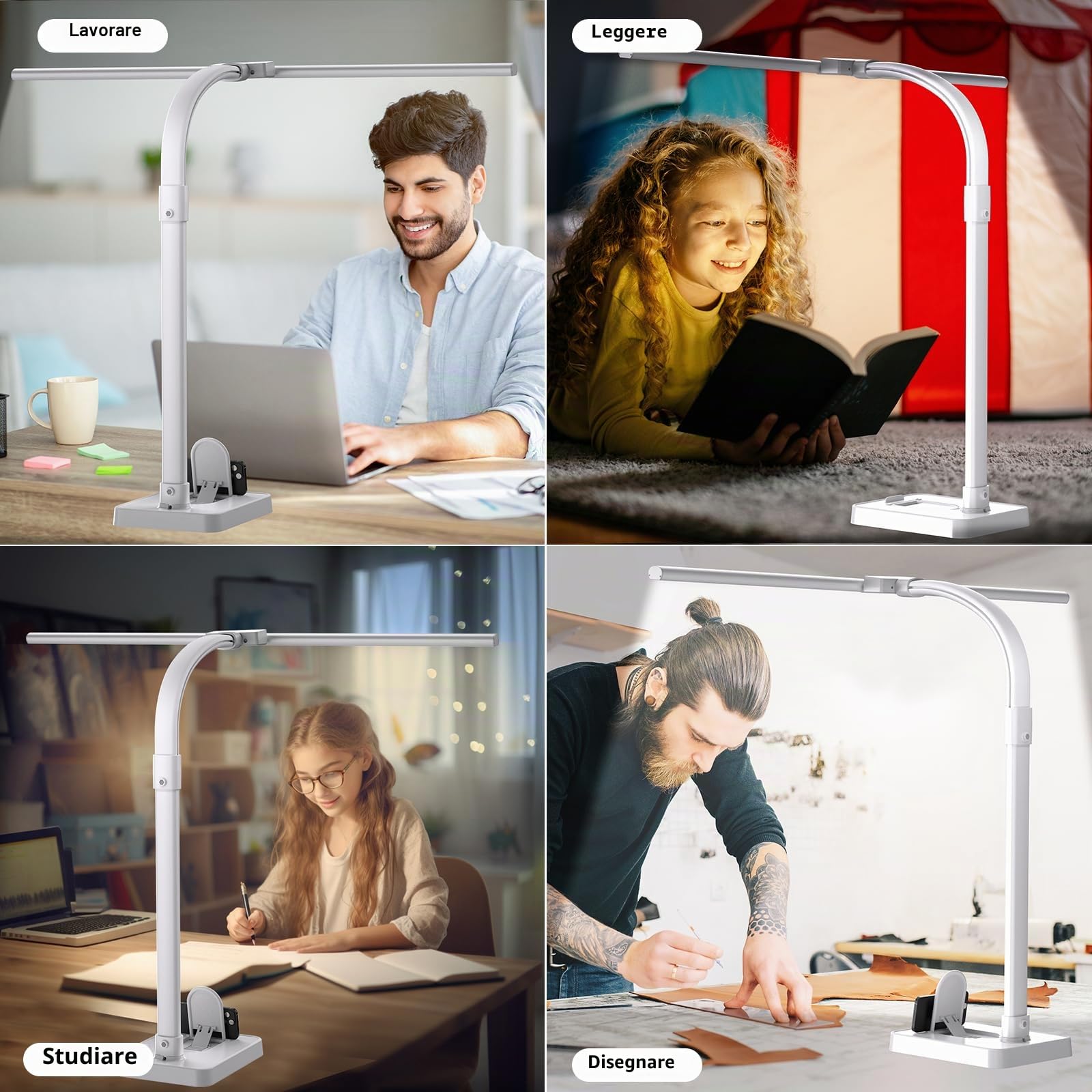 LOTTBUTY Lampada da scrivania a doppia testa a LED, dimmerabile, 24 W, 80 cm, per casa, ufficio, lampada da tavolo, a collo di cigno (bianco, base per scrivania con supporto per cellulare)