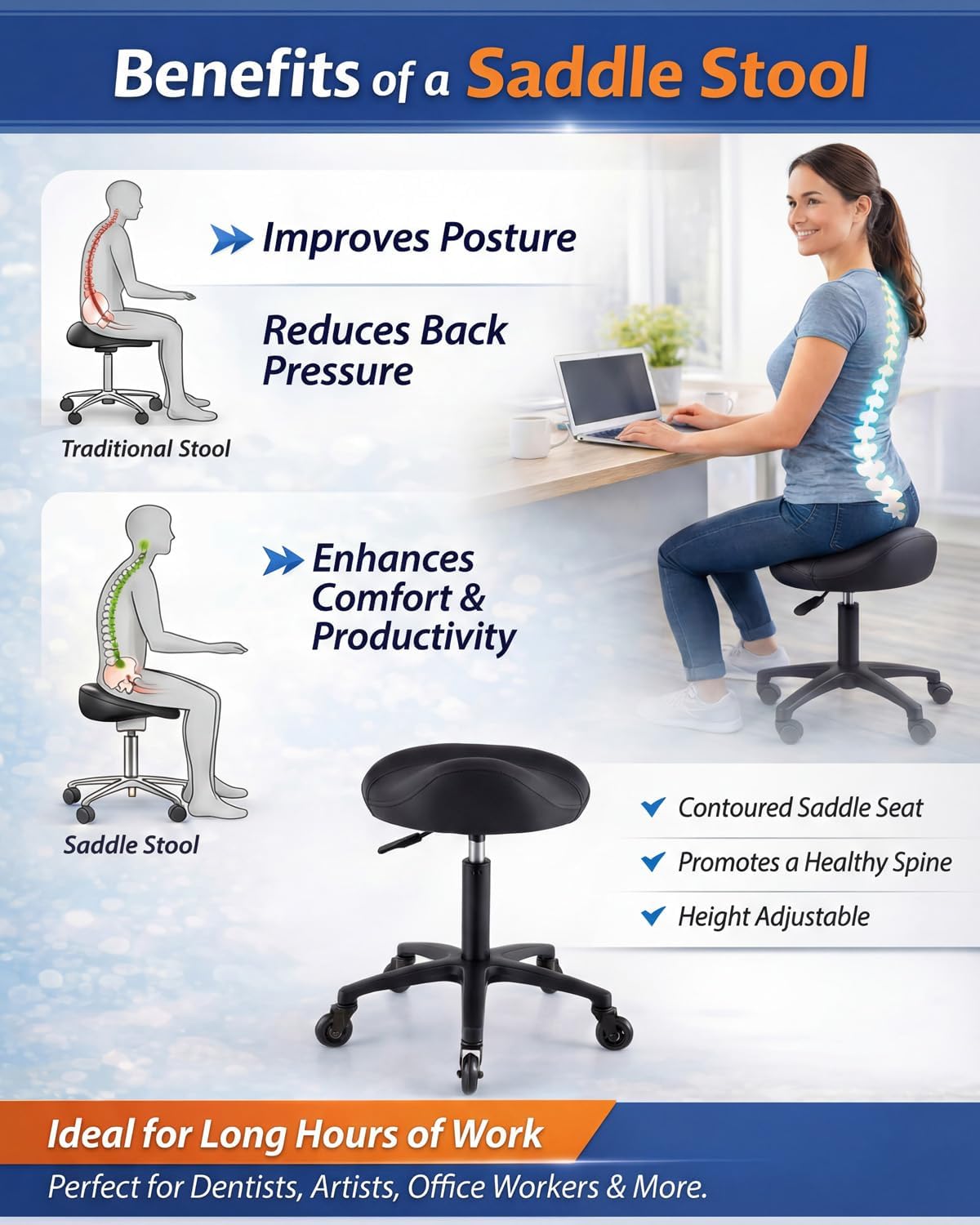 Ergonomic Saddle Stool Chair with Wheels, Ultra-Quiet Rolling Salon Stool with Comfortable Thick Saddle Seat, Adjustable Stool Suitable for Commercial Office and Home Use