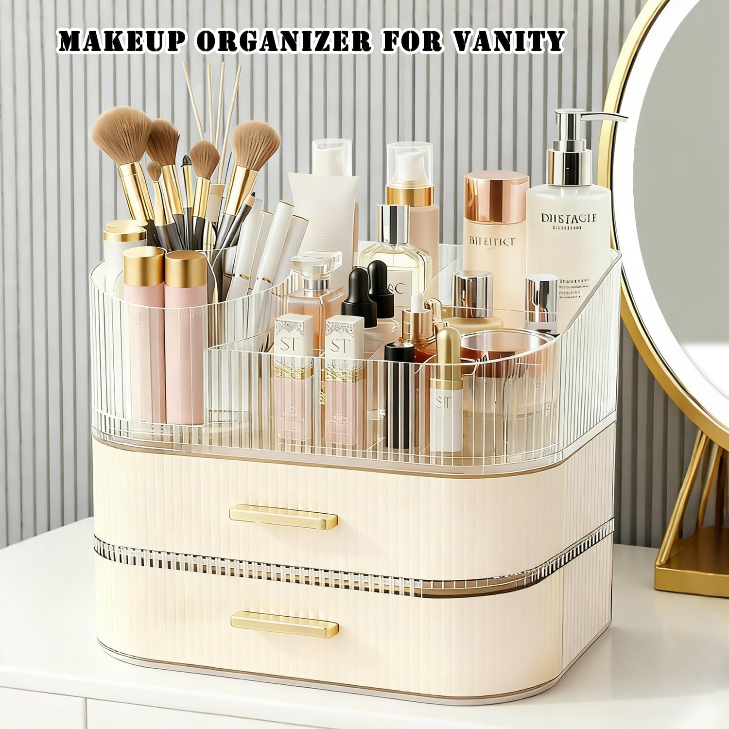 Makeup Organizer for Vanity with Stackable Drawers, 360 Rotating Makeup Brush Holder Large Cosmetic Display Case for Dresser, Bathroom Countertop Skincare Storage, Ideal Gift for Girls (3-layer)