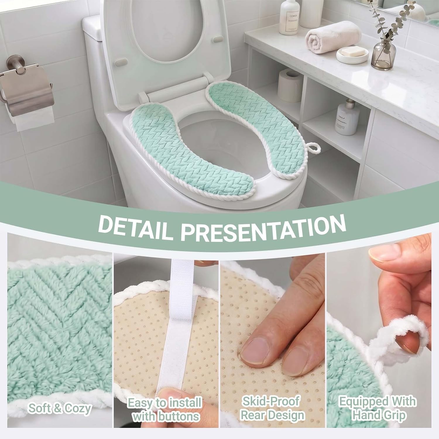Padded Toilet Seat Warmer Cushion Washable(Green)