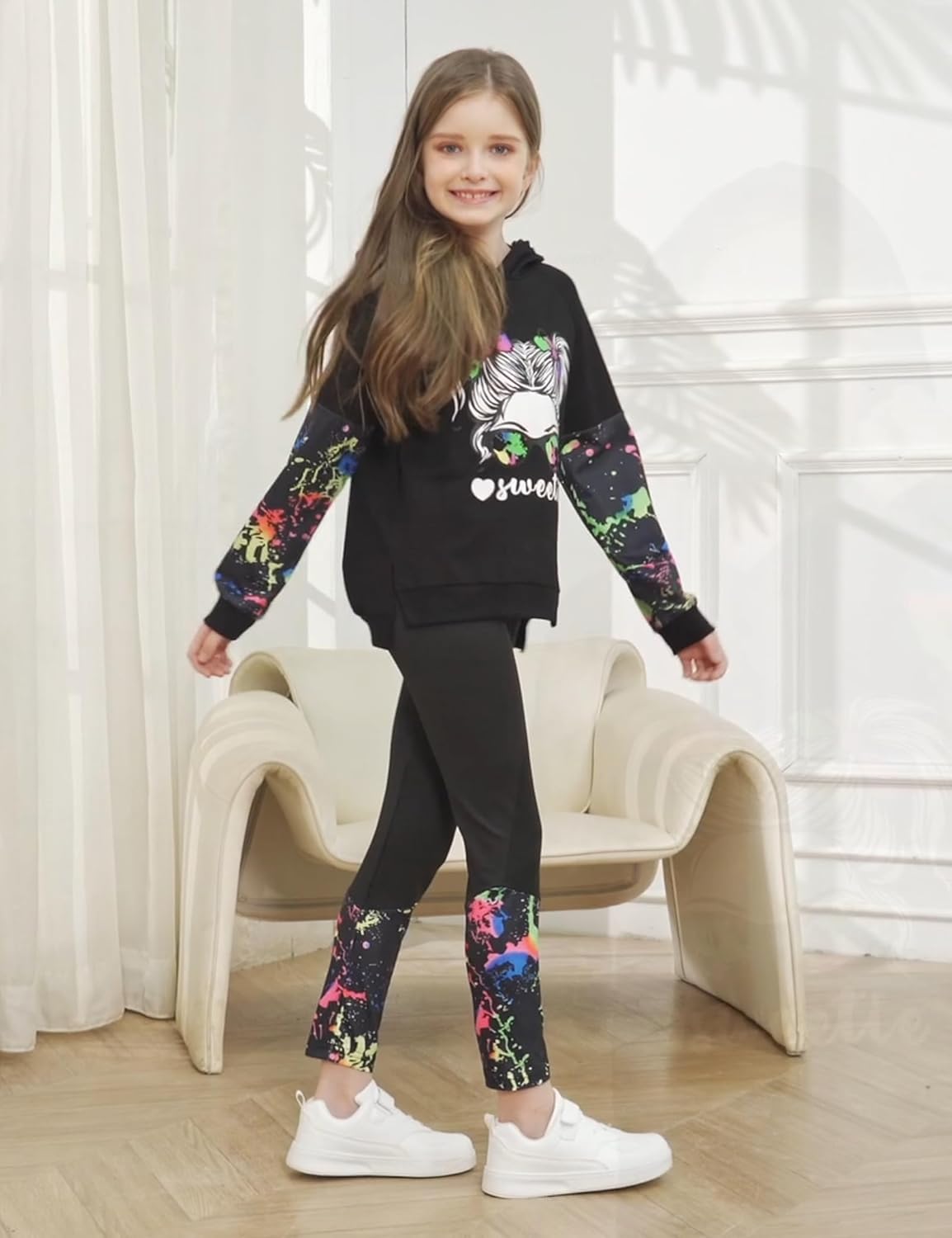 Girls Clothes Cool Girl Print Tie Dye Hoodie Pullover Sweatshirt Leggings 2PC Outfits - Image 6