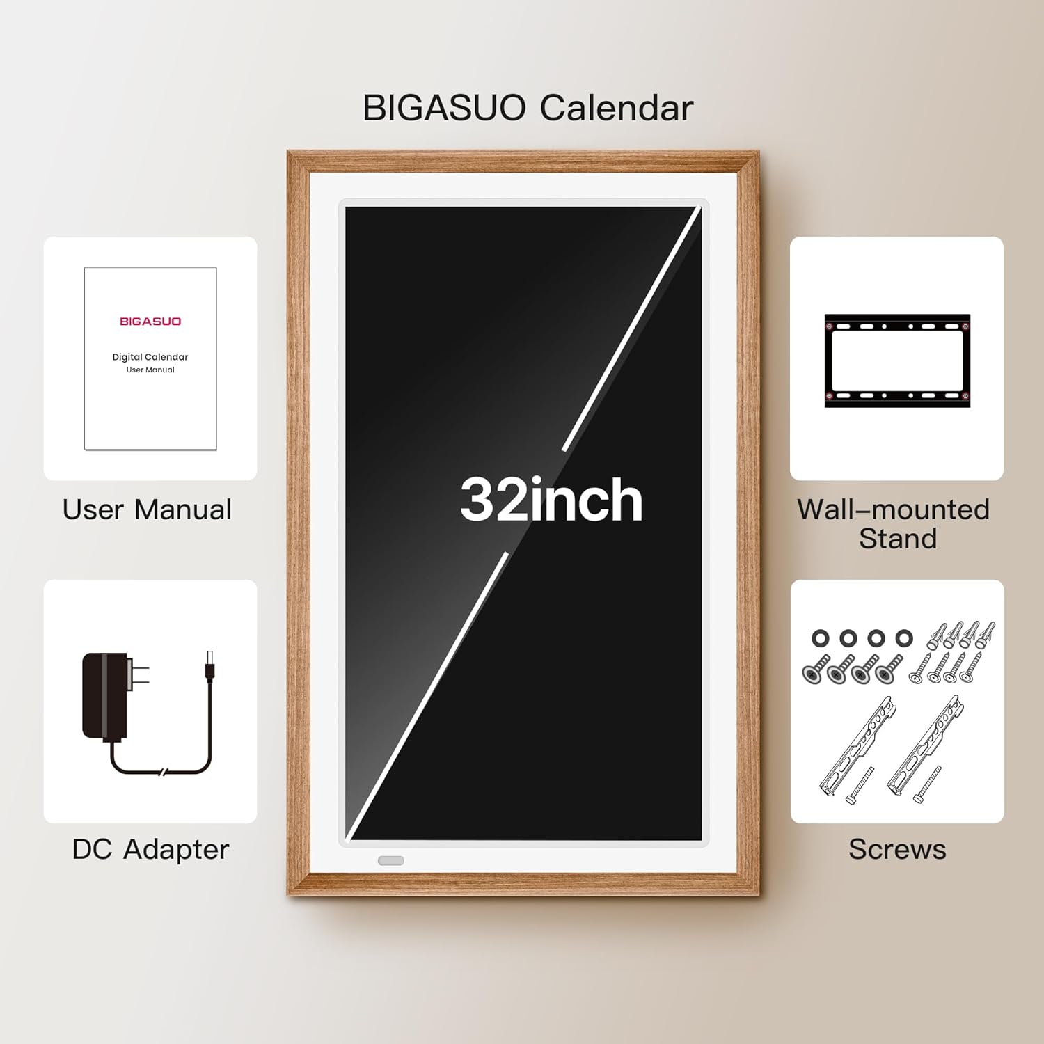 BIGASUO 32" Digital Calendar, Wall Smart Touchscreen Interactive Display, Electronic Organizer for Monthly, Weekly & Daily Agenda, Chore Chart, Meal Planner, To Do List, Family Schedules, Photo Frame