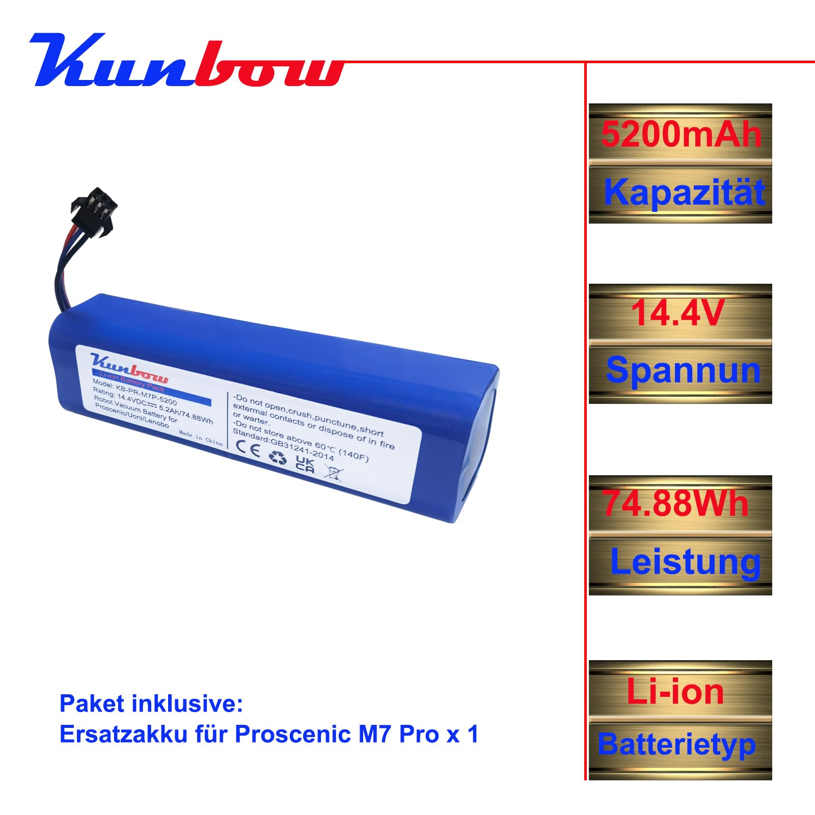 Batteria agli ioni di litio da 5200 mAh per Proscenic M7 Pro, LDS M7 Pro, M8 Pro, M7 Max, U6, Xiaomi Viomi S9, Viomi D800, Lenovo LR1, UONI V980 Max, V980 Plus (14,4 V/74,88 Wh)