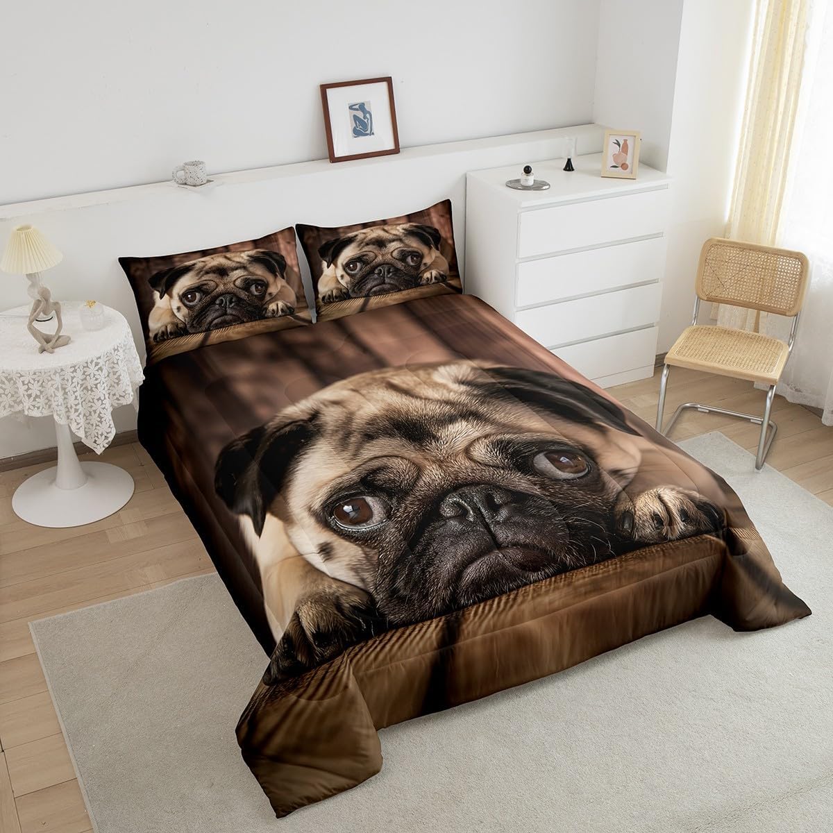 Erosebridl Cute Puppy Comforter Set, Pug Soft Print Decorative Down Comforter Queen Size, Domestic Pet Quilted Duvet, Animal Breathable Duvet Set for Kids Boys Girls with 2Pillow Cases