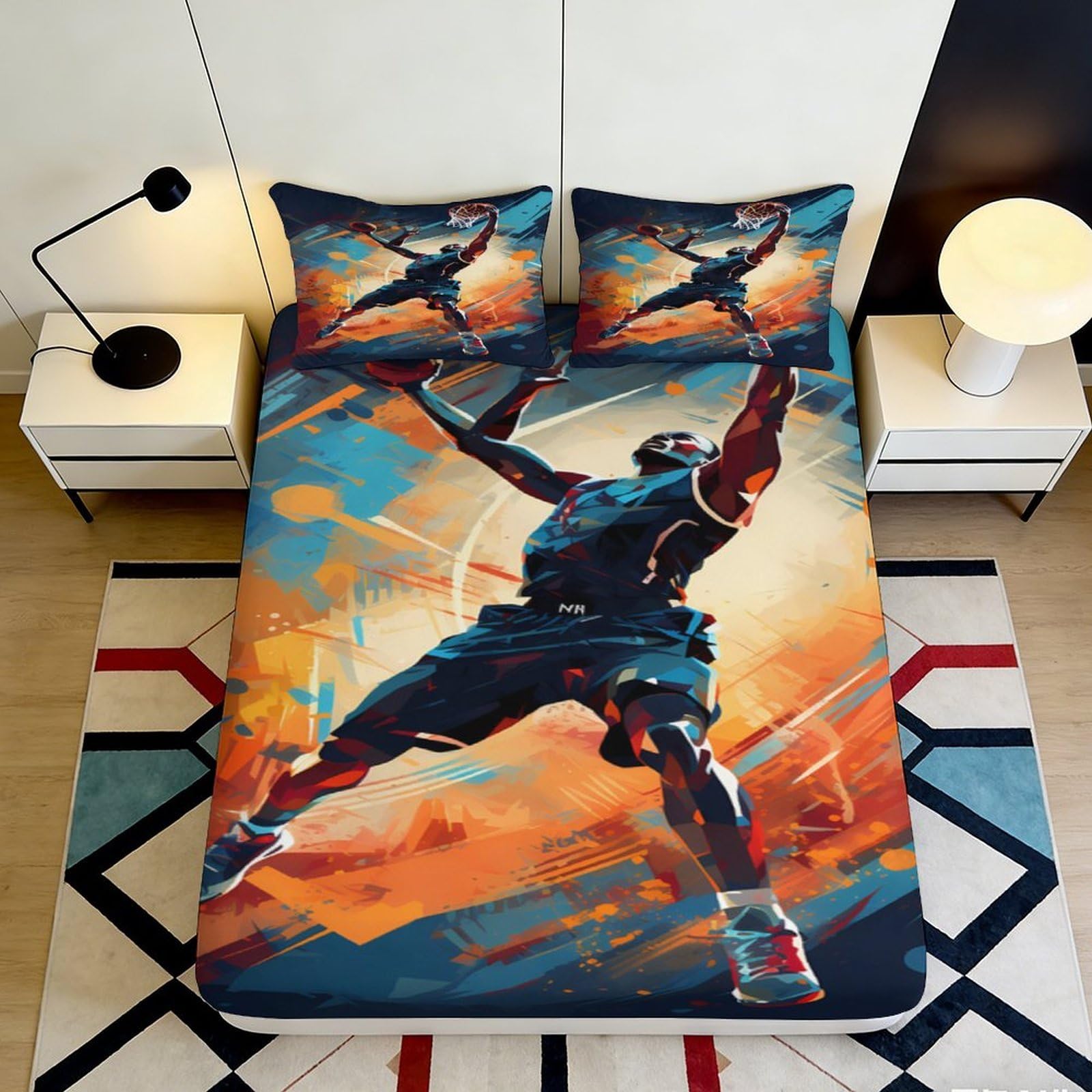 3D Printed Basketball Slam Dunk Fitted Sheet Microfiber Bed Cover Abstract Athlete Decor for Bedroom Dorm Use 90x200x25cm