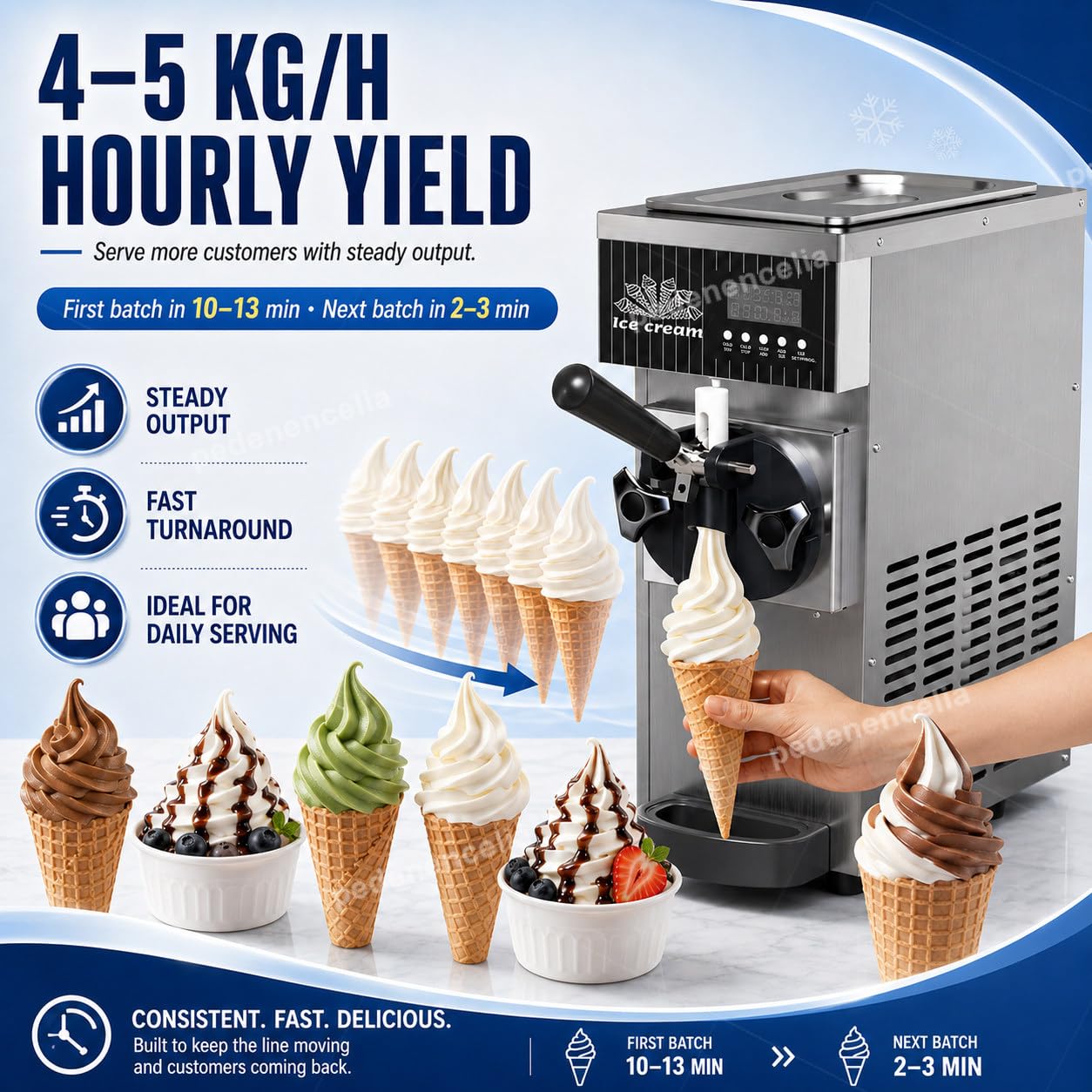 Maszyna do lodów Soft Serve, 450 W pojedynczy ekspres do smaku z pojemnikiem 2,5 l, pierwsza partia 10-13 min, sterowanie LCD, automatyczne czyszczenie, idealna na imprezy domowe