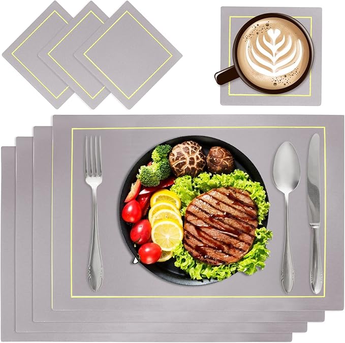 Ocves Placemats and Coasters Sets of 4, PU Leather Table Mats Heat