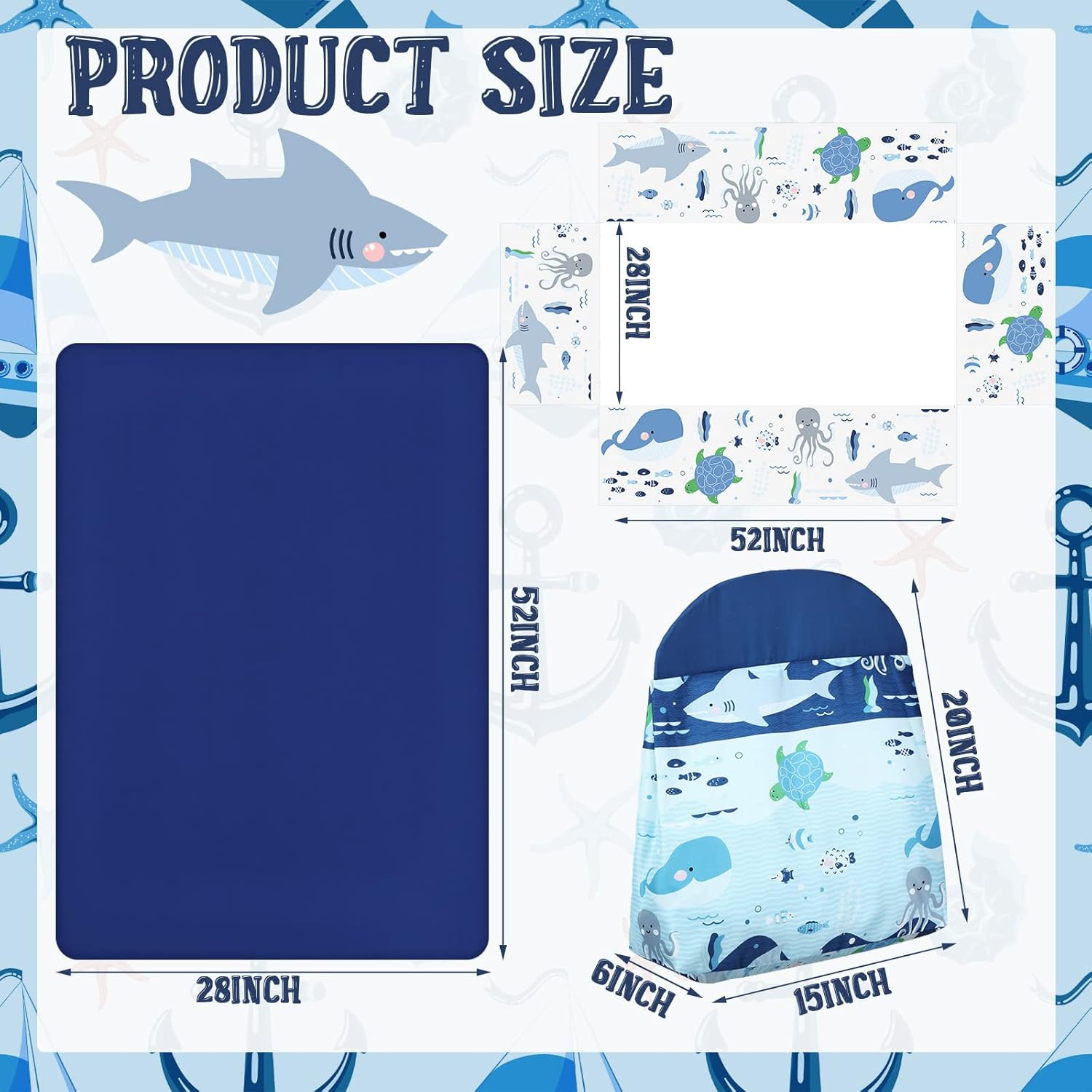 Rtteri 4 Pieces Baby Crib Bedding Set, Nursery Bedding Standard Size Soft Baby Bedding Set Including Crib Skirt, Blanket, Sheet and Diaper Stacker for Girls and Boys(Whale)