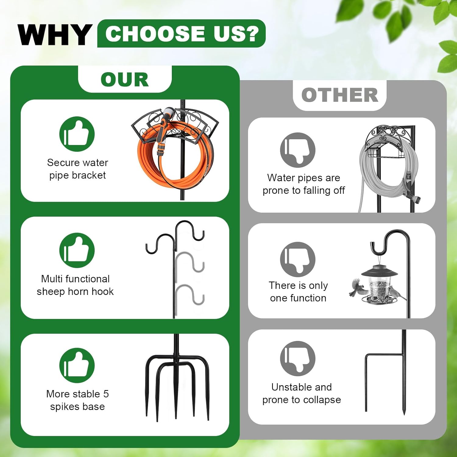 Garden Hose Holder, Upgraded Heavy Duty Water Hose Holder, Freestanding Hose Stand with 2 Shepherds Hooks, Thickened Bird Feeder Pole Detachable Water Pipe Rack Organizer for Outside Yard Lawn