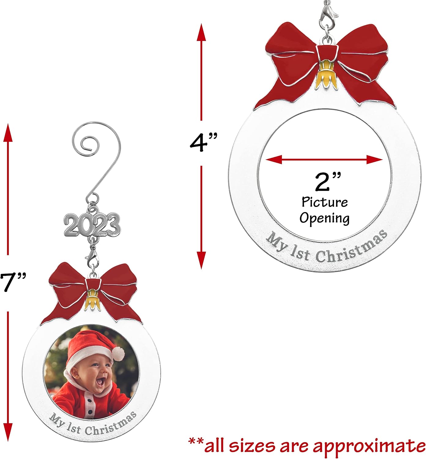 My First Christmas Picture Ornament - Customized - Baby's 1st Xmas Dated 2023 Charm - Shaped Like a Bulb Ornament with White Glitter and A Red Bow Design - Gift/Storage Bag Included