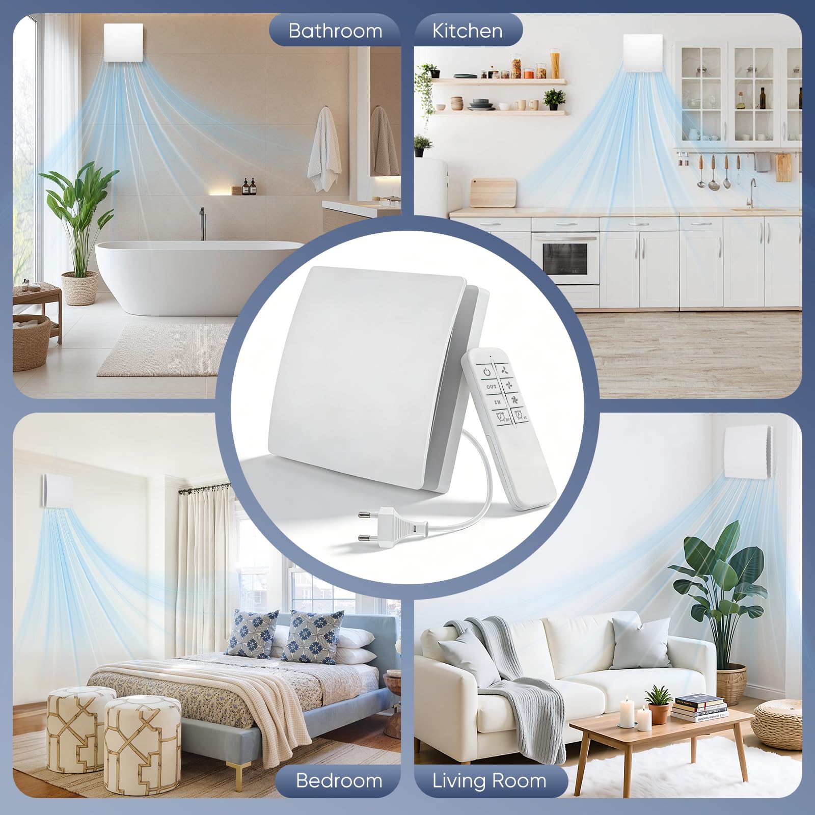 Ventilatore da bagno silenzioso da 100 mm con telecomando, timer e 3 impostazioni di velocità, flusso d'aria di 150 m³/h, quadrato bianco, montaggio a parete/finestra, IPX4, cucina, bagno doccia 35 dB
