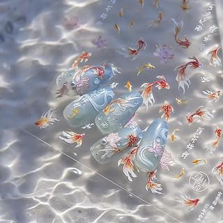 Goldfish Nail Art Stickers 5D Embossed Goldfish Nail Decals Self-Adhesive Glitter Koi Nails Design Stickers Spring Lotus Flower Nails Art Supplies for Women Girls DIY Manicure Decorations