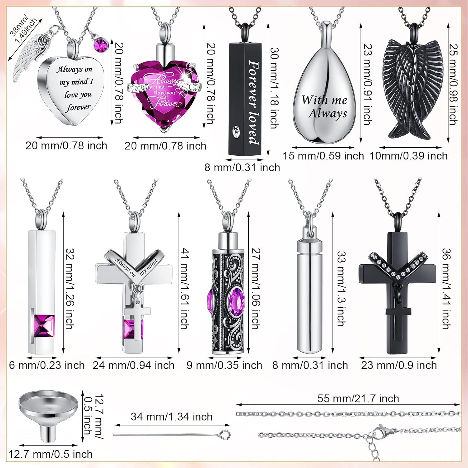 Jexine 10 Pcs Urn Necklace For Ashes Cremation Jewelry Wings Tear Drop Cross Crystal Ashes Necklace Stainless Steel Zircon Memorial Locket Vertical Bar Heart Waterproof Keepsake For Men