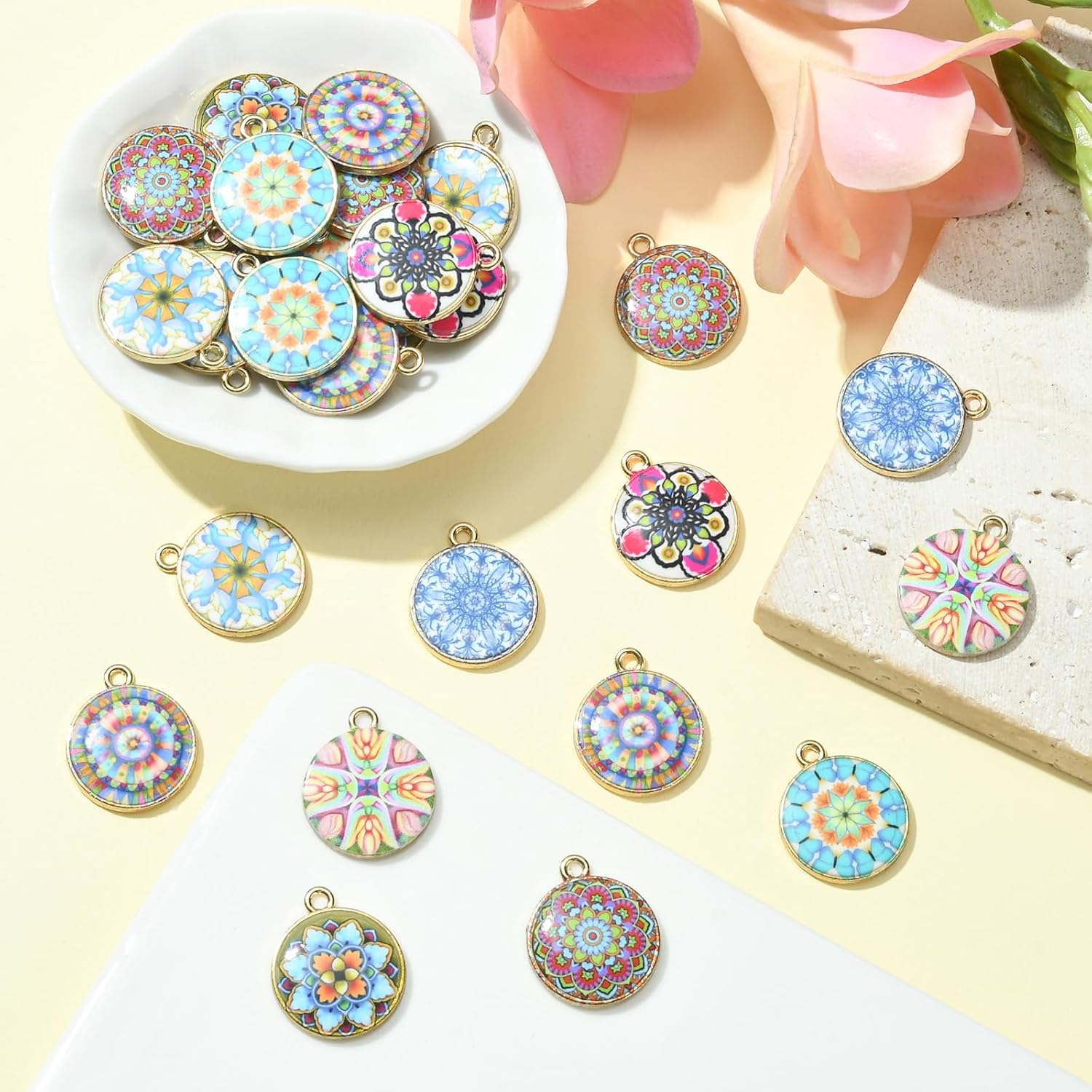 40Pcs Mandala Flower Charms Flat Round Mandala Design Pendants Alloy Colorful Pendants Charms for Jewelry Bracelets Necklace Earrings Making DIY Craft Supplies - Image 4