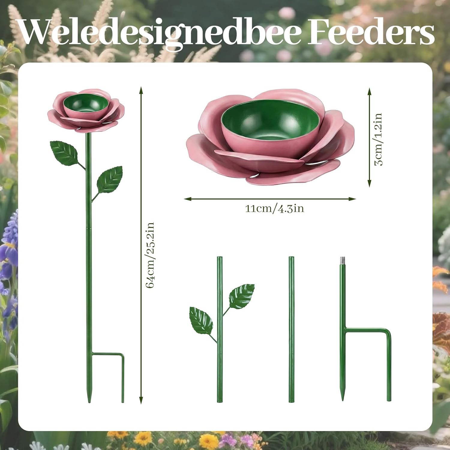 4 Pack Rose Flower Bee Watering Station with 20 Glass Beads - Metal Bee Bath for Garden, Colorful Outdoor Insect Hydration Station to Attract Bees & Butterflies | Garden Yard Decor Water Feeder Bowl