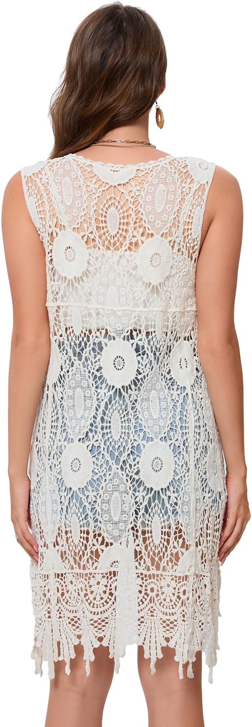 Lace Front Open Sleeveless Top Cardigan Crochet Vest Bikini Cover up Summer Beachwear - Image 2