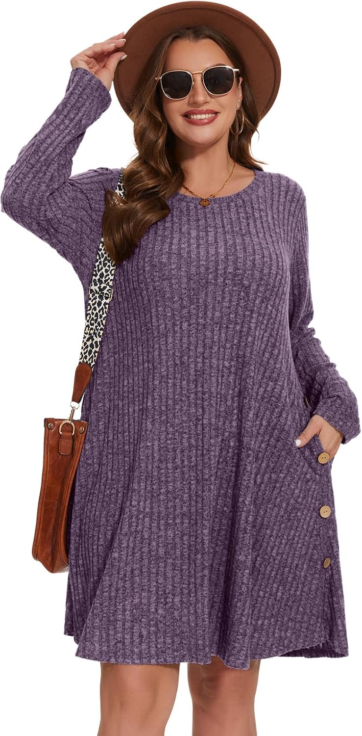 ZENNILO Women Plus Size Sweater Dress Long Sleeve Dress for Women Basic V Neck Fall Winter Tunic Dresses with Pockets - Image 4