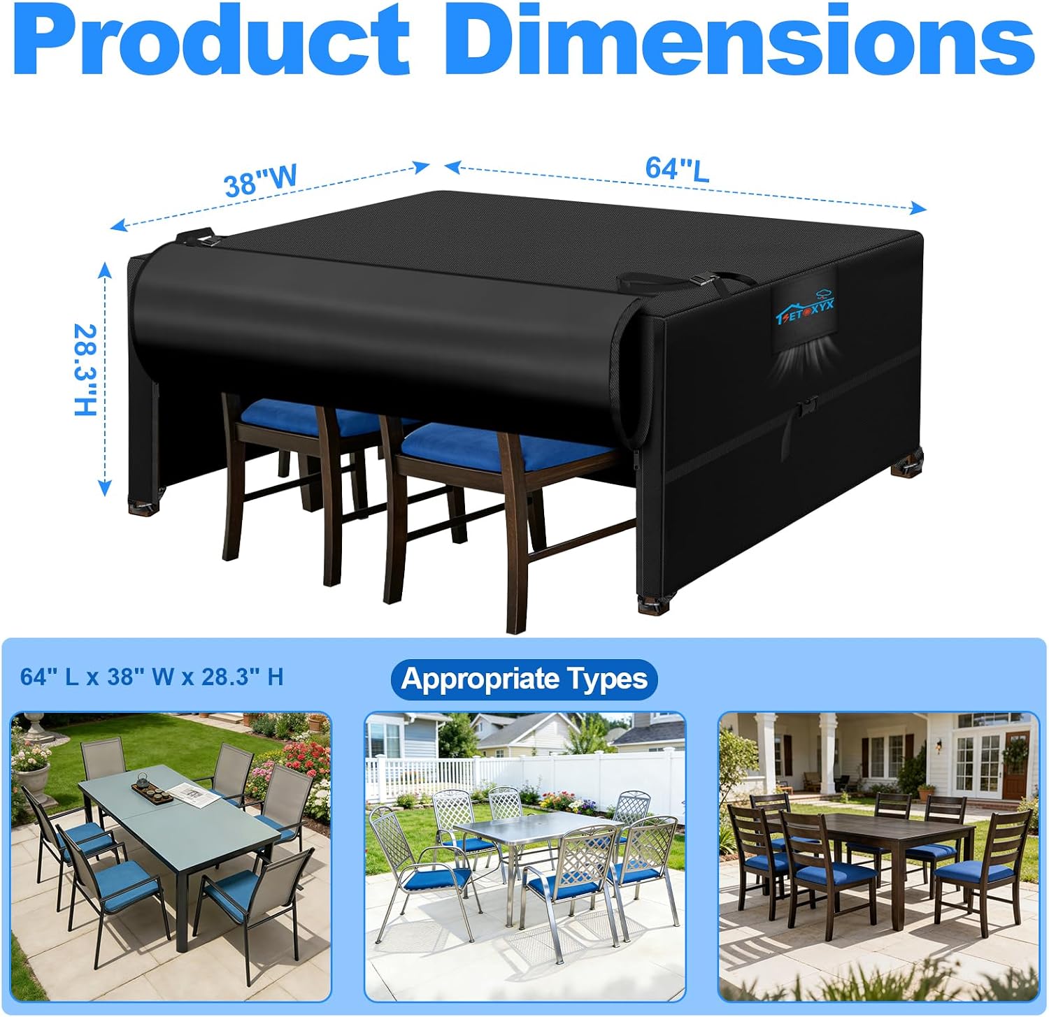 Outdoor Dining Table Cover, 600D Outdoor Furniture Set Covers, Waterproof Patio Table and Chair Set Cover with Flip-Open Zipper Design, Windproof Buckle Straps, 64" L x 38" W x 28.3" H