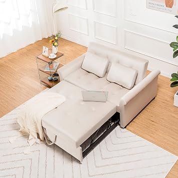 COMHOMA Convertible Sofa Bed,55" Sleeper Sofa Bed, 3-in-1 Pull Out Couch Bed with Reclining Backrest and Pillows, Full Convertible Sleeper Loveseat for Living Room White