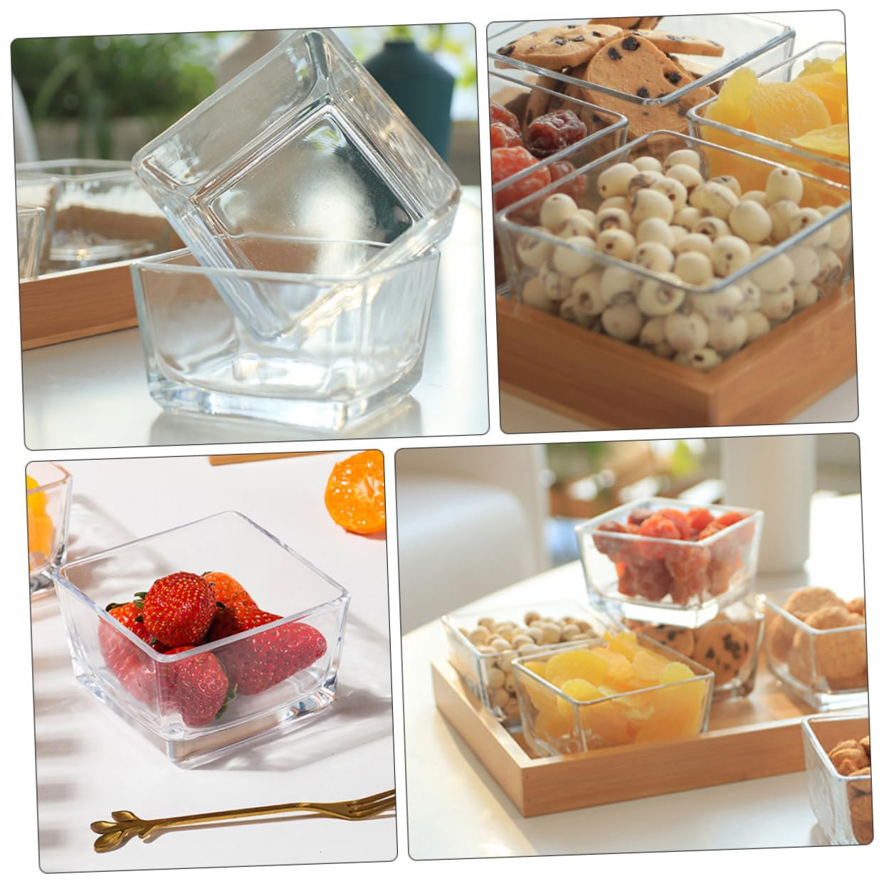 VALICLUD Plateaux de Service en Verre Compartimentés 4 Divisions, Bois et Verre, Multifonctionnels, pour Fruits Secs et Noix, Usage Apéritif et Fête, sans Couvercle