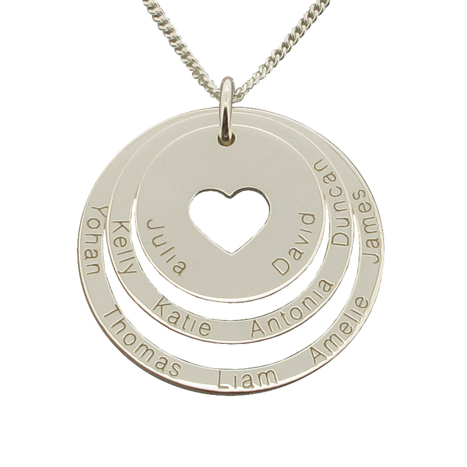 Sterling Silver Personalised Family Heart Disc & Rings Pendant With Optional Chain - Gift Boxed