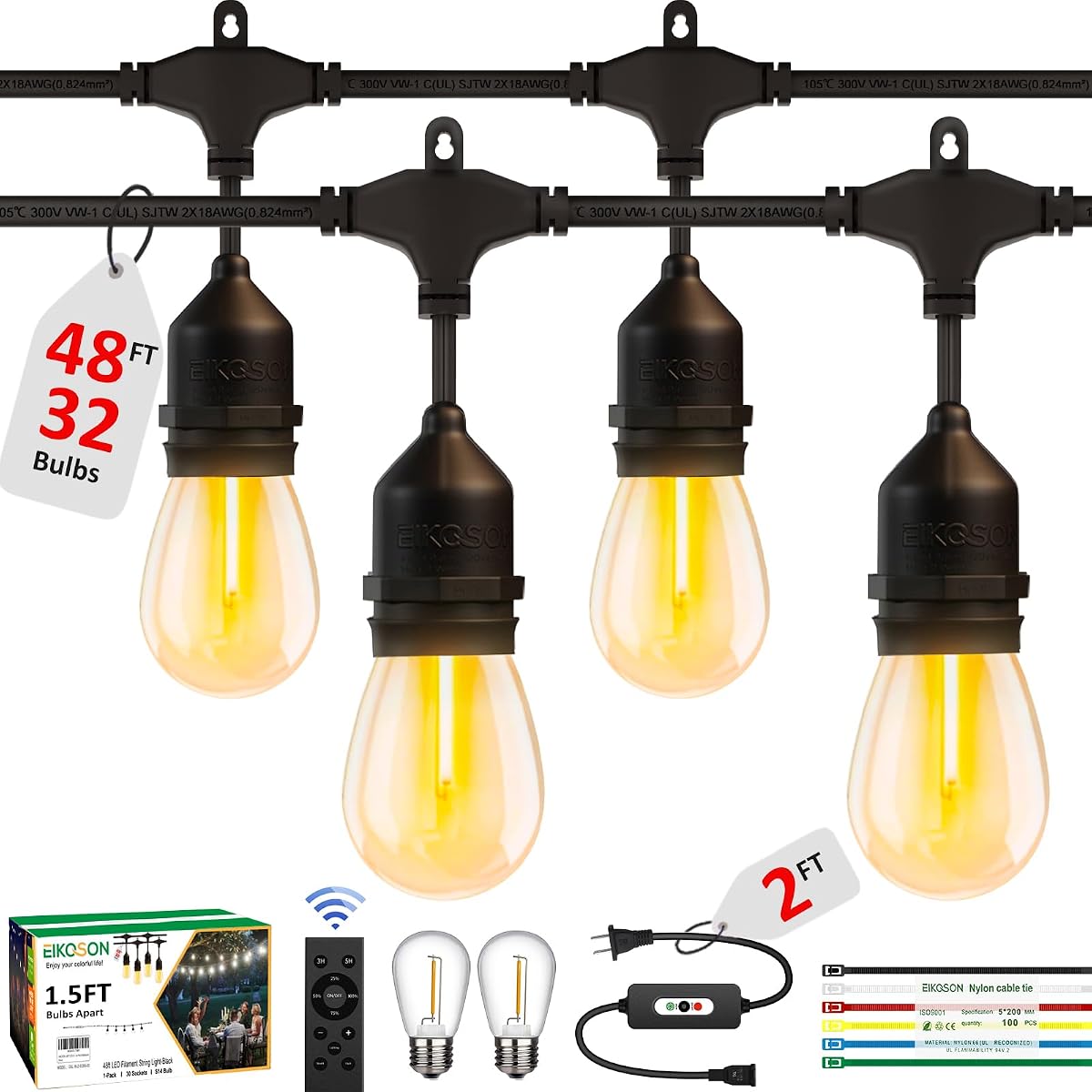 Cadena de luces para exteriores de 50 pies, impermeables, con 30 + 2 bombillas (espaciado entre bombillas de 1,5 pies), control remoto y atenuador, luces de patio de grado comercial con 3 modos de luz y sincronización, 100 bridas para exteriores
