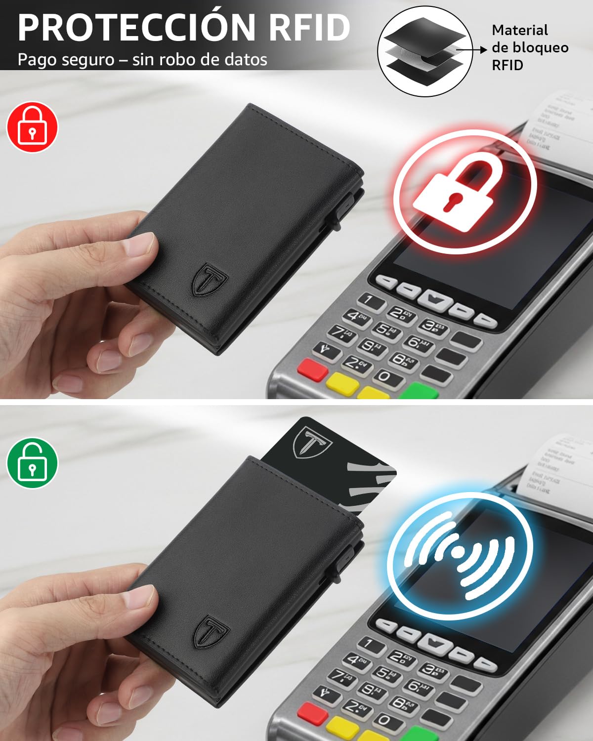 TEEHON Cartera Hombre de Cuero con Cierre Magnético, Tarjetero con Bloqueo RFID, Cartera Tarjetero Hombre pequeño para Crédito, Billetes y Monedas con Caja de Regalo, Negro