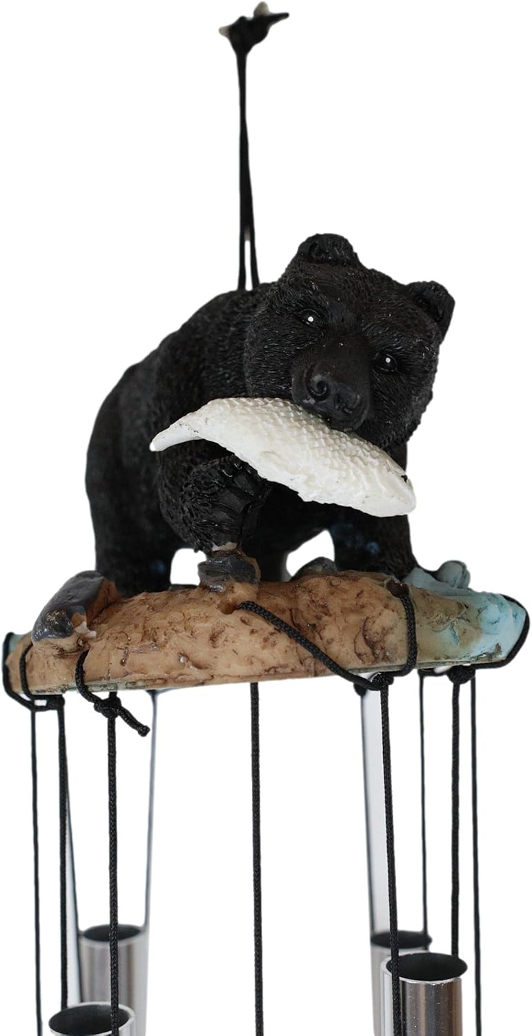 Ebros Gift American Black Bear River Fishing Figurine Top Resonant Relaxing Wind Chime Noisemaker Garden Patio Rustic Cabin Lodge Mountain Home Accent