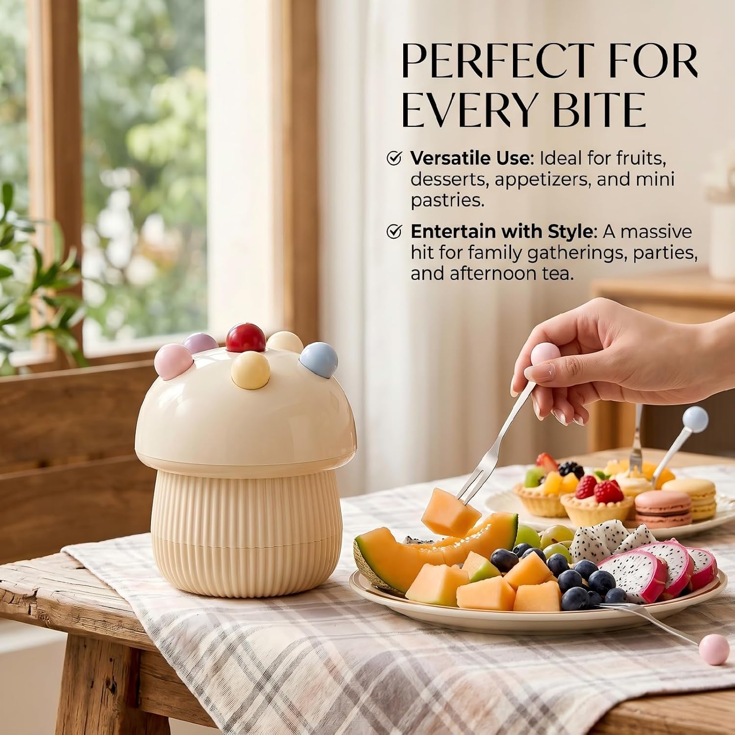 4.1 Inch Fruit Fork - Mushroom-Shaped Fork With 6 Picks, Cute Dessert Fruit Plate With Fork - Stainless Steel And Plastic
