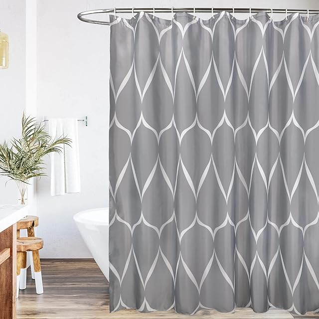Qidordour Fabric Shower Curtain, Waterproof Grey and White Geometric Shower Curtains for Bathroom Mould and Mildew Resistant with Hooks, 183 x 183 cm Polyester Fabric Washable Bath Curtain for Shower