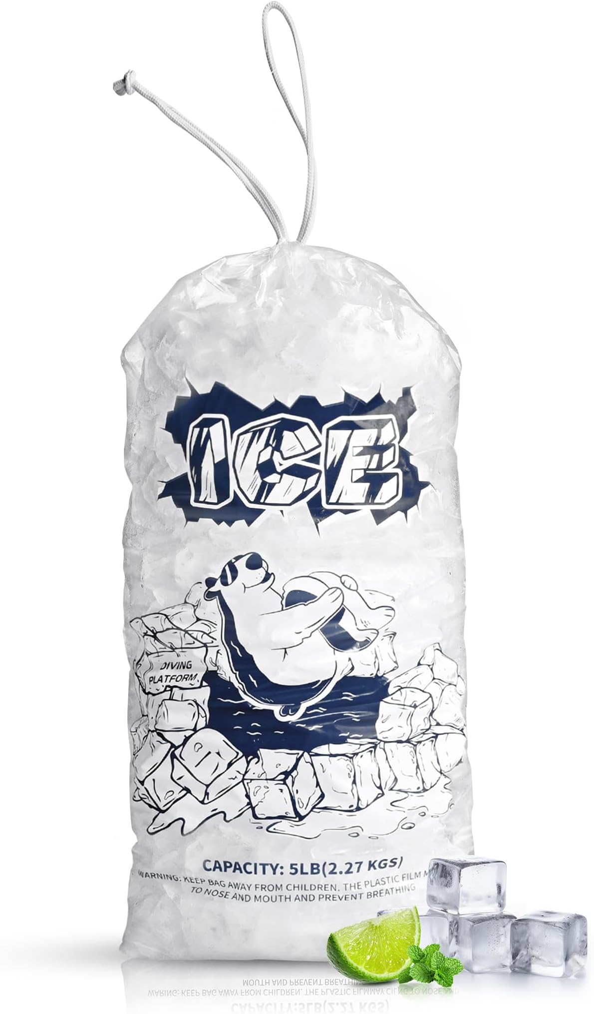 FireKylin Ice Bags 5lb with Drawstring,50 Pack Plastic Ice Bags for Ice Storage