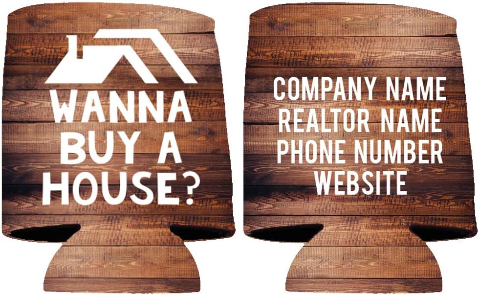 VictoryStore Custom Realtor Can Coolers – “Wanna Buy a House?” Design – Personalized Set with 4 Text Fields – Reusable Can Sleeves for Real Estate Agents – Fits 12–16 oz Cans and Bottles
