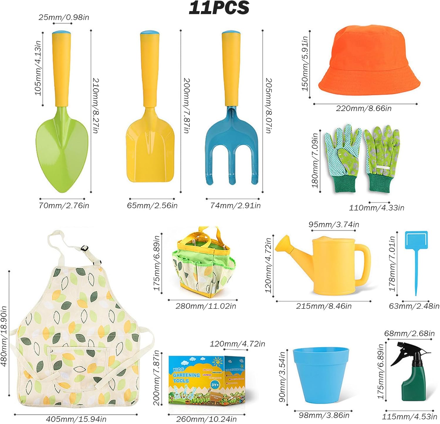 Gardening Tools for Kids, Kids Gardening Set, 11PCS Toddler Set Including Shovel, Rake, Watering Pot, Gloves, Apron, Hat, Flowerpot ＆ Tote Bag, Tools for Boys Girls