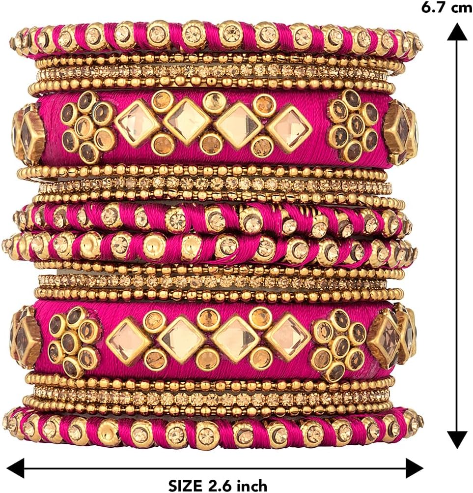 Aheli Ethnic Handmade Silk Thread Bangle Set Chudha Set Faux Stone Studded Indian Wedding Wear Bracelet Traditional Fashion Jewelry Gift for Women (Magenta 2.8 Inch) - Image 5
