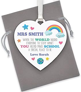 Lockdown School Teacher Thank You Gifts - PERSONALISED Rainbow Teacher Appreciation Gifts - Lockdown Thank You Gifts for Teaching Assistant, Key Worker - Rainbow Teacher Plaque Gifts - With Grey Bag
