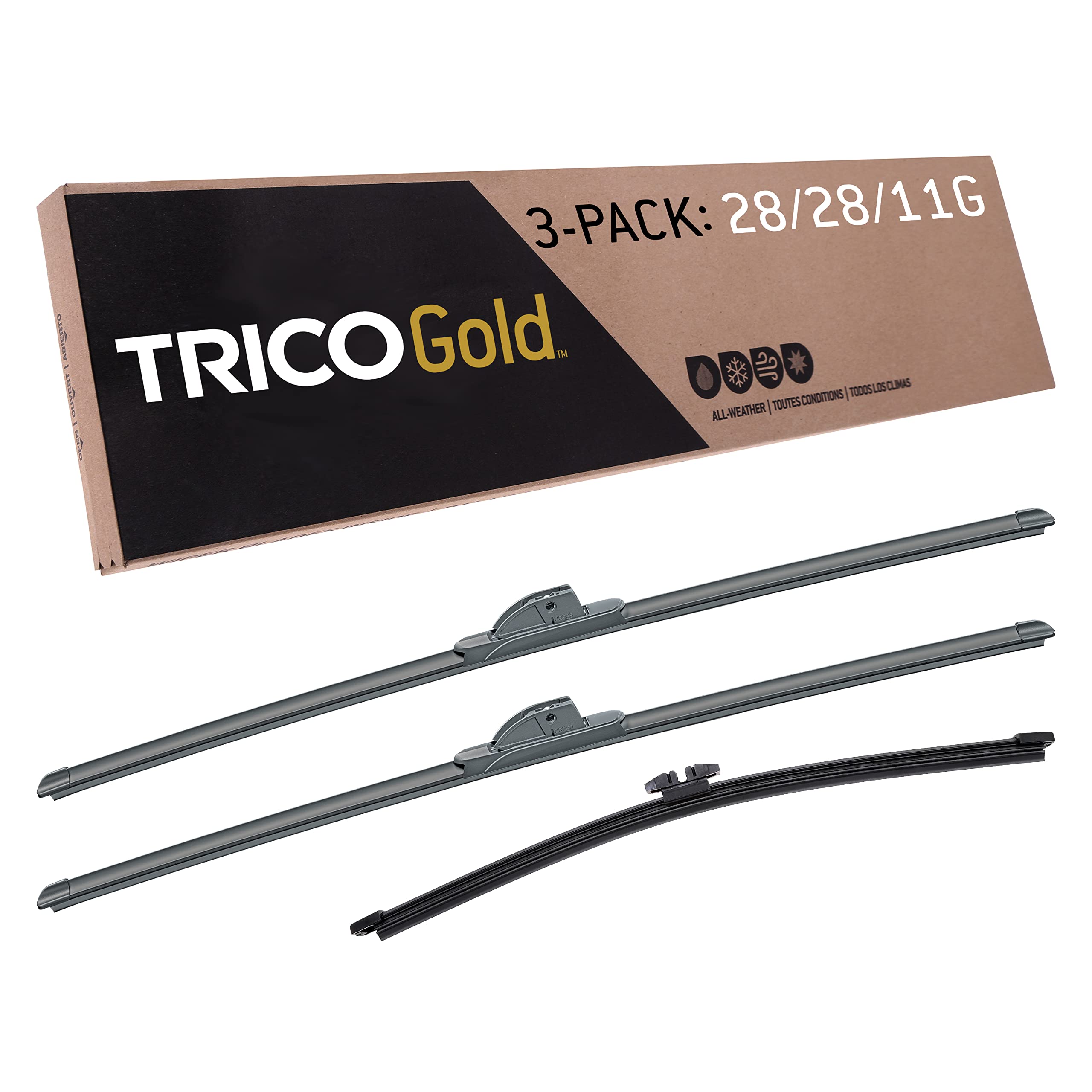 Photo 1 of Trico Gold Driver/Passenger/Rear Kit Replacement Windshield Wipers Blades for 2013-2019 Ford Escape; Includes 28 inch, 28 inch, & 11 inch Beam blades (18-2828-11G), Black 28+28+11G (3-Pack)