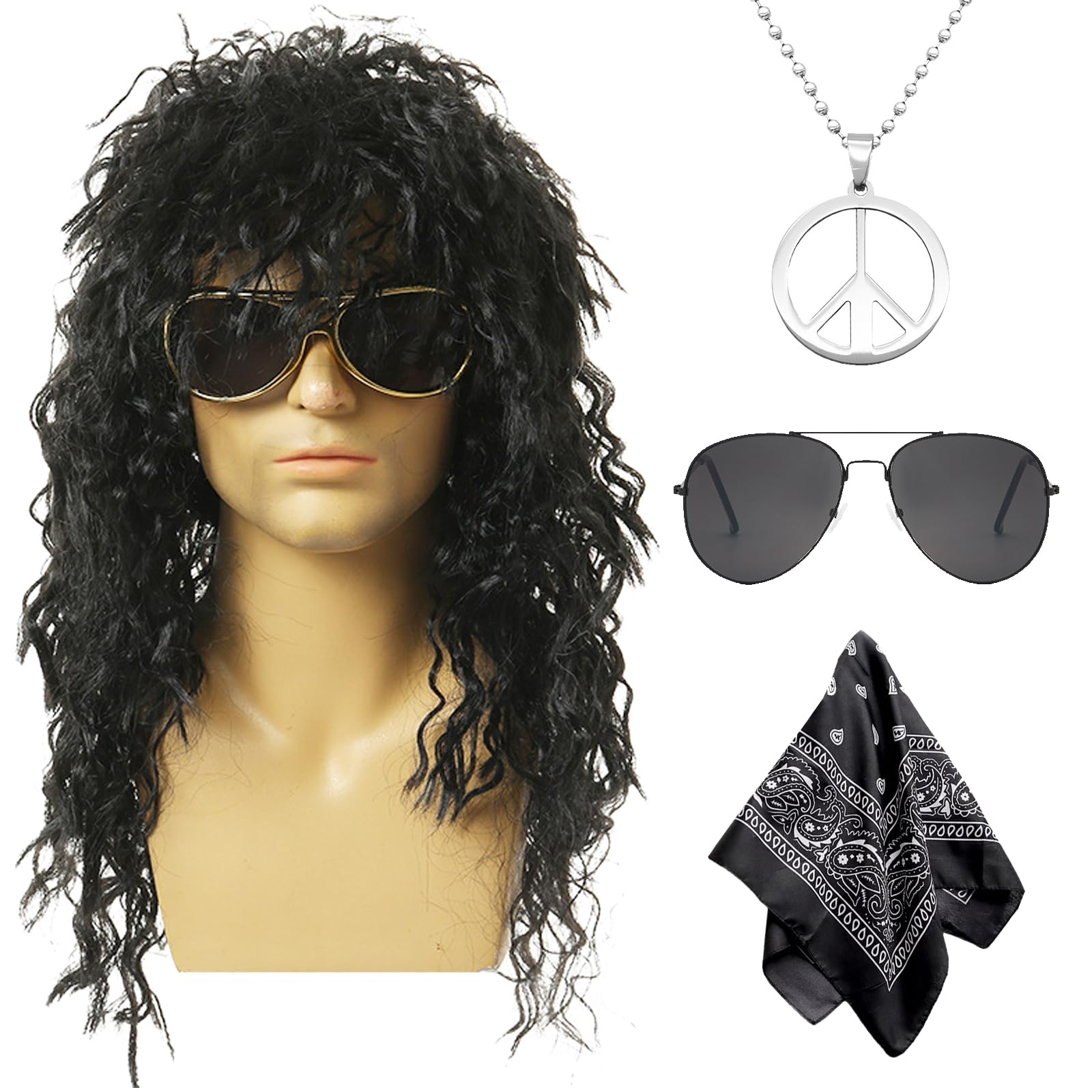DKDDSSS Hippie Costume Set Hippie Accessories Heavy Metal Wig Set Hippy Fancy Dress Mens Accessories Disco Wig Costume Accessories for Men Women for 80s Theme Party Halloween Carnival Party (rock