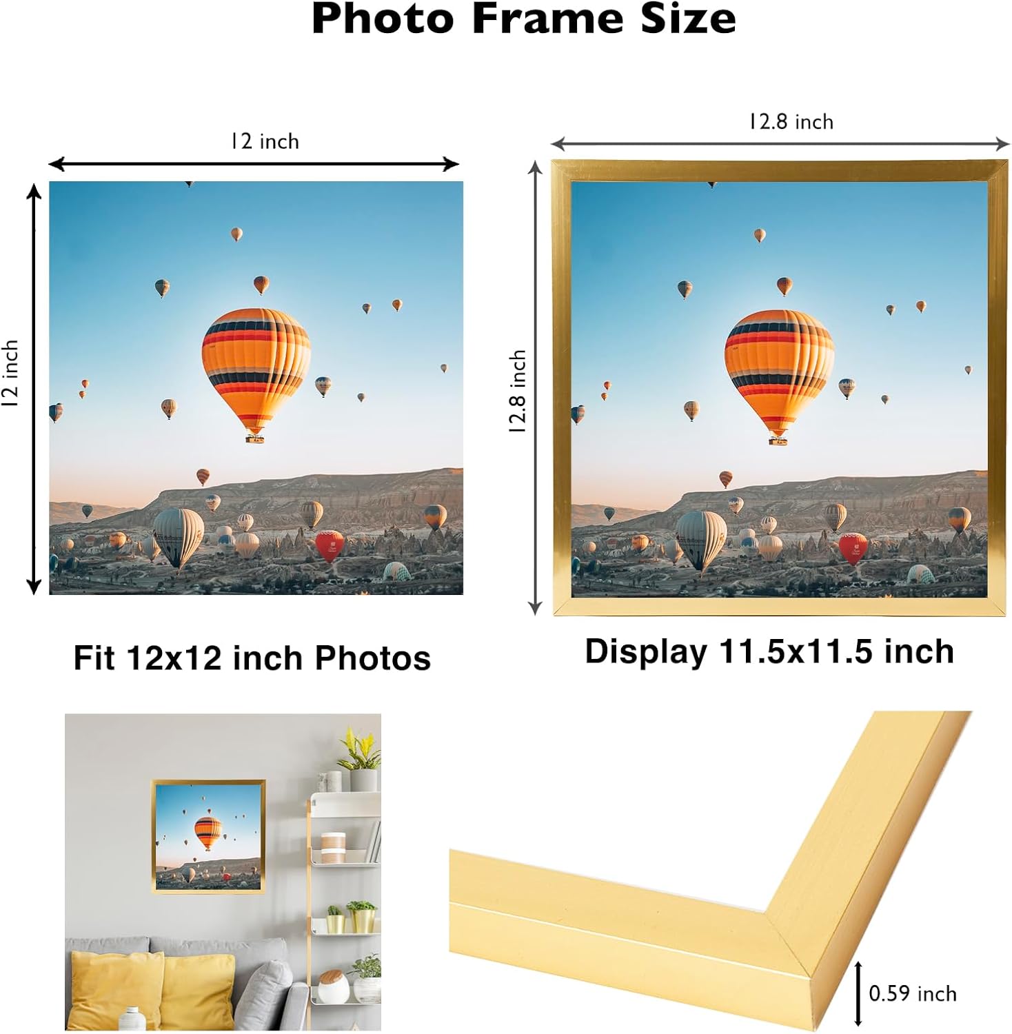 JCJMY 12x12 inch Picture Frame, Horizontal and Vertical Formats for Wall Hanging, 12 x 12 Wall Gallery Poster Photo Frame with Shatter Resistant Plexiglass, Gold