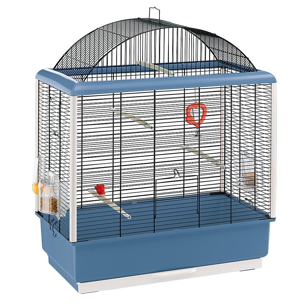 Ferplast Cage for Canaries and Other Small Exotic Birds PALLADIO 4, Complete with Accessories and Revolving Feeders, Painted Metal Black with Blue Plastic Frame and Bottom, 59 x 33 x h 69 cm